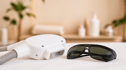 Cabezal de equipo láser profesional y gafas de protección para depilación en clínica