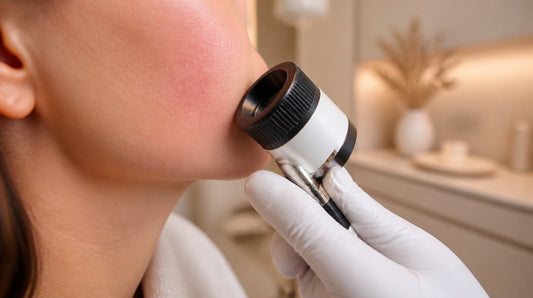 Evaluación de rosácea en la mejilla con dermatoscopio en clínica de San Felipe